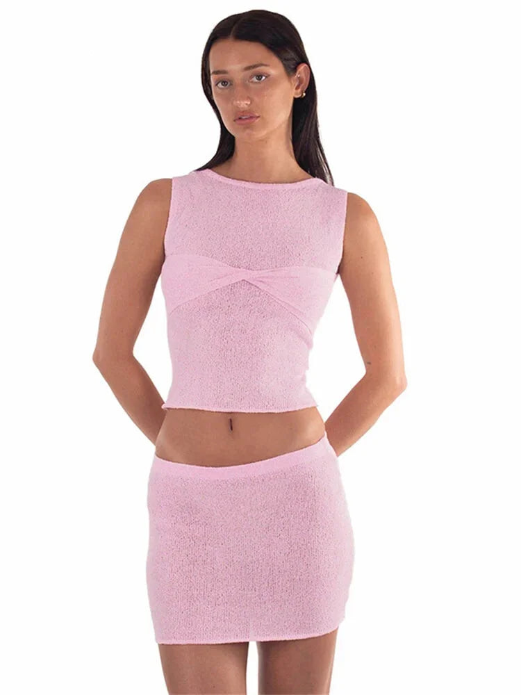 Summer Outfits- Mermaid Women's Textured See-Through Summer Set with Sleeveless Top & Mini Skirt- Pink- IndioGear Fashion and Gear