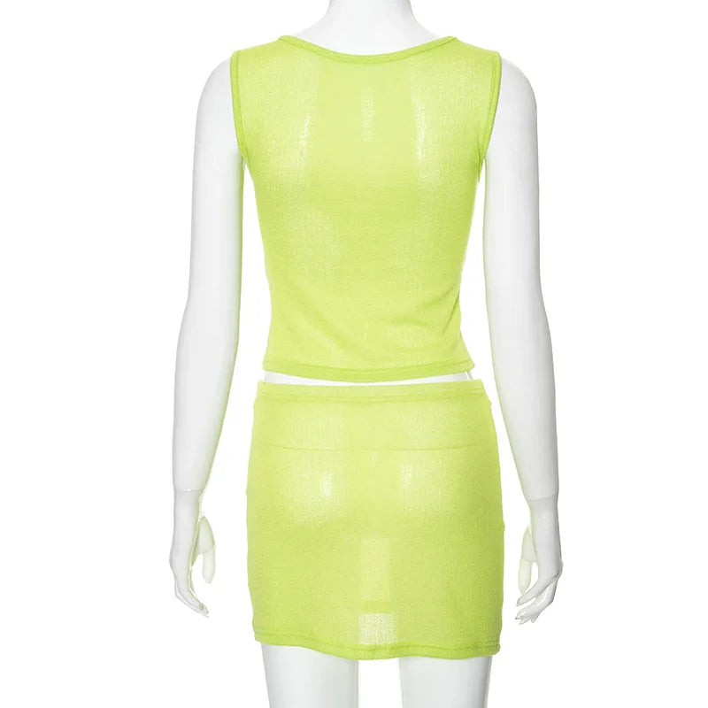 Summer Outfits- Mermaid Women's Textured See-Through Summer Set with Sleeveless Top & Mini Skirt- - IndioGear Fashion and Gear