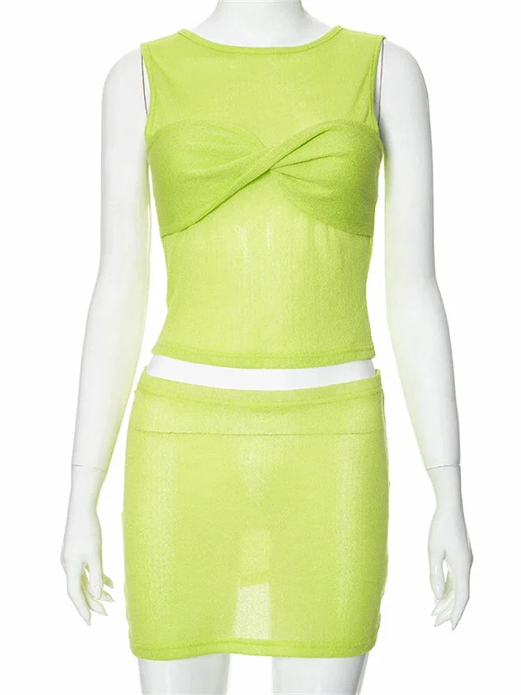 Summer Outfits- Mermaid Women's Textured See-Through Summer Set with Sleeveless Top & Mini Skirt- - IndioGear Fashion and Gear