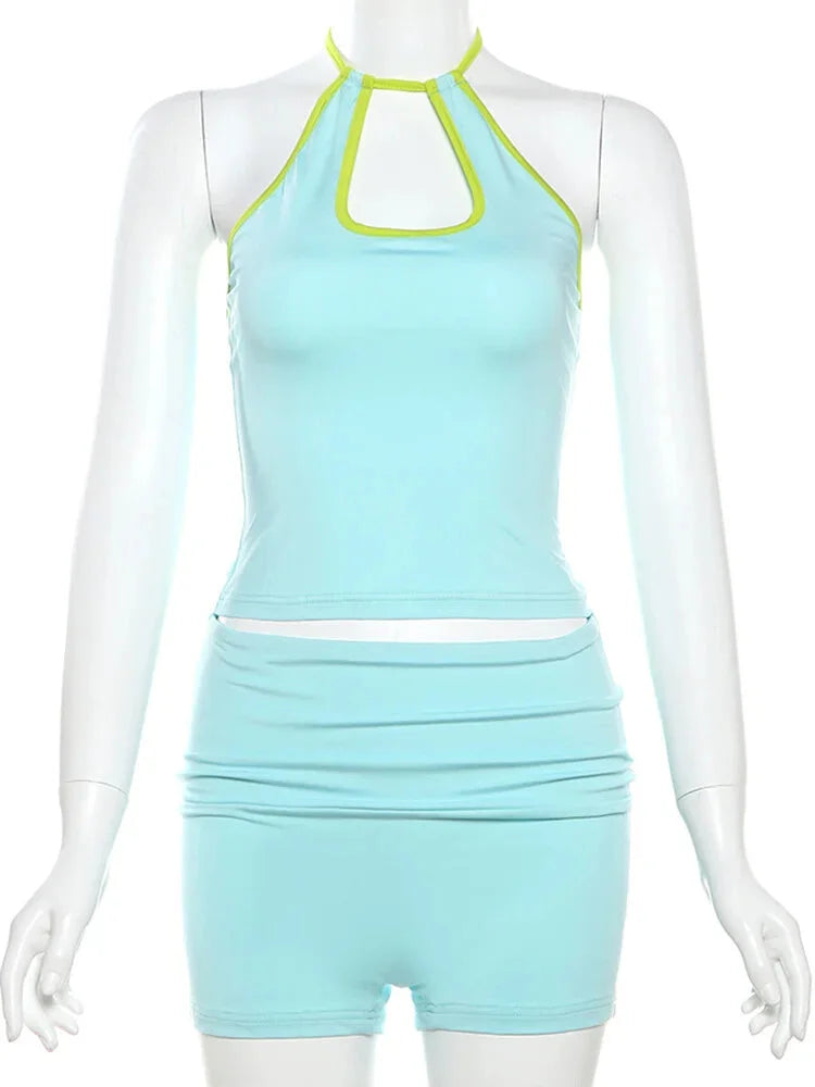 Summer Outfits- Neon-Edged Halter and Shorts Set for the Active Woman- - IndioGear.com