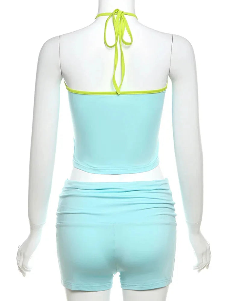 Summer Outfits- Neon-Edged Halter and Shorts Set for the Active Woman- - IndioGear.com