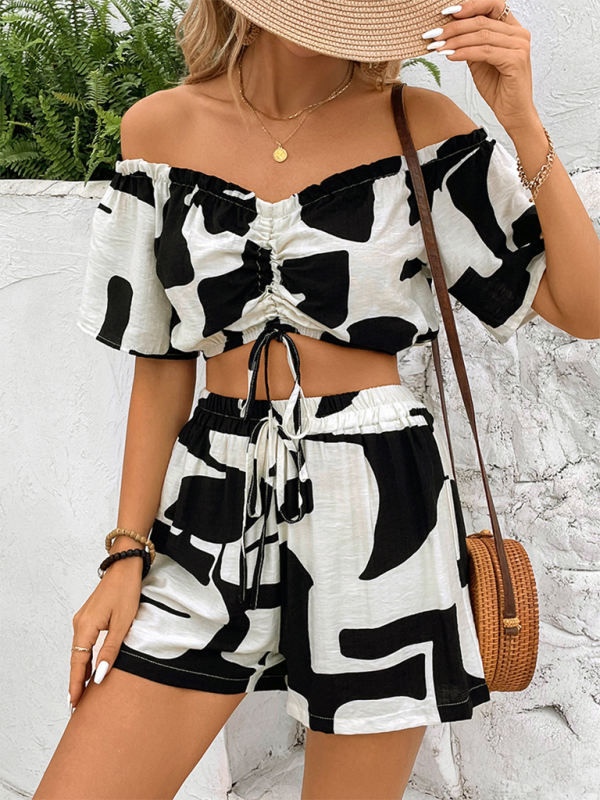 Summer Outfits- Off-Shoulder Women's Abstract Print Crop Blouse & Shorts for Summer Getaways- - Chuzko Women Clothing