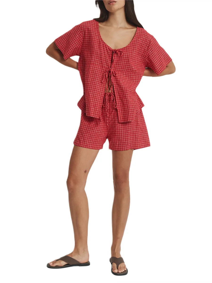 Summer Outfits- Plaid Playful Tie-Front Top & Shorts - Ideal for Day Outings- Red- IndioGear.com