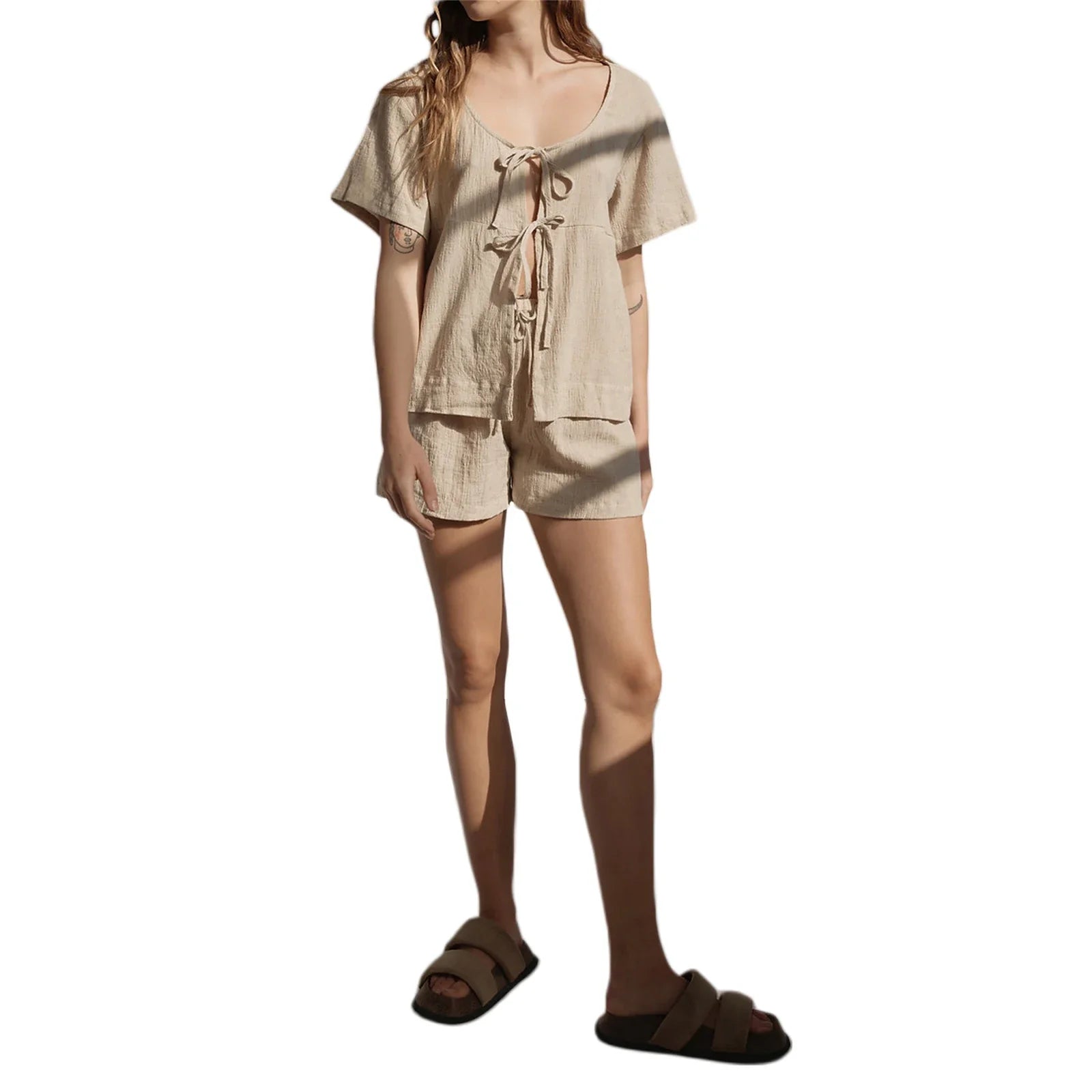 Summer Outfits- Plaid Playful Tie-Front Top & Shorts - Ideal for Day Outings- Khaki- IndioGear.com