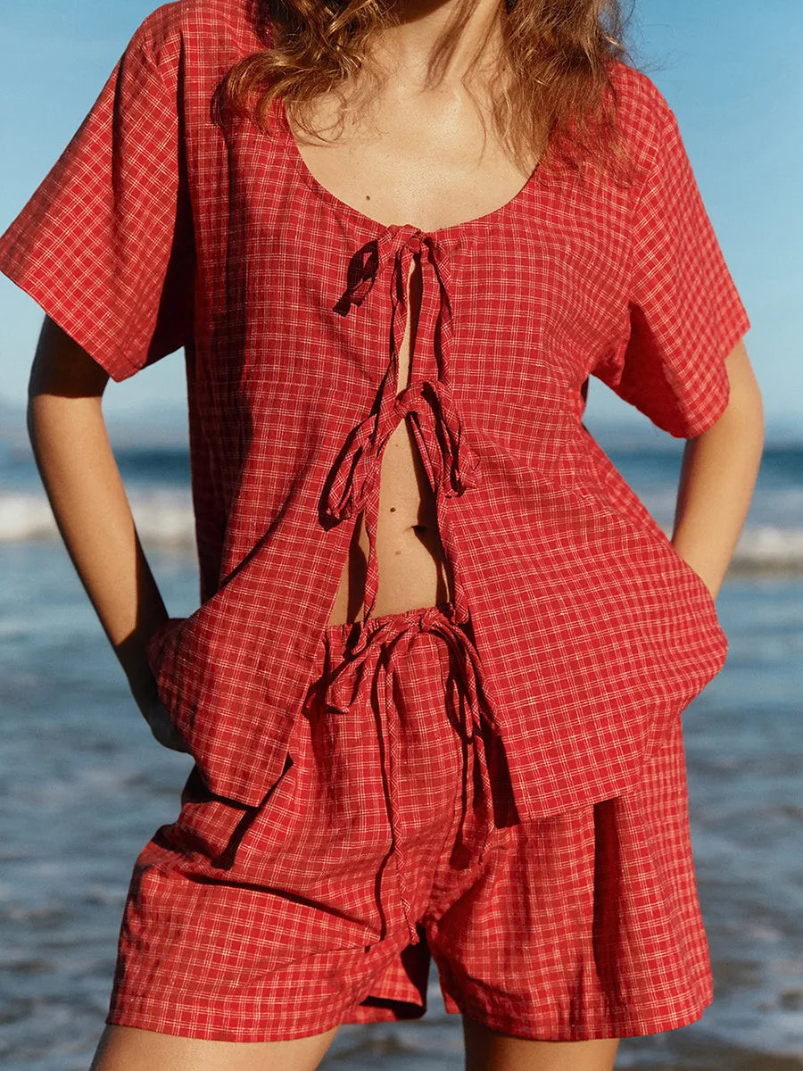 Summer Outfits- Plaid Playful Tie-Front Top & Shorts - Ideal for Day Outings- - IndioGear.com