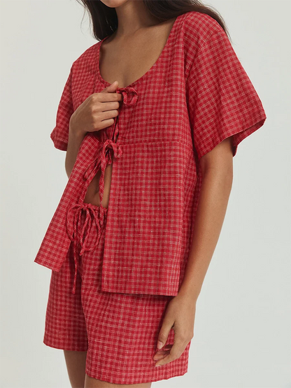 Summer Outfits- Plaid Playful Tie-Front Top & Shorts - Ideal for Day Outings- - IndioGear.com