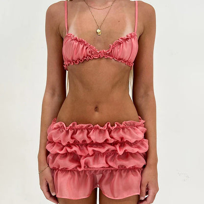 Summer Style See-Through Ruched Mini Skirt & Cami Set