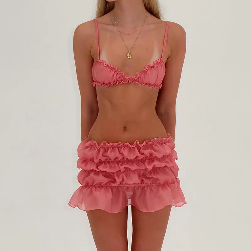 Summer Style See-Through Ruched Mini Skirt & Cami Set