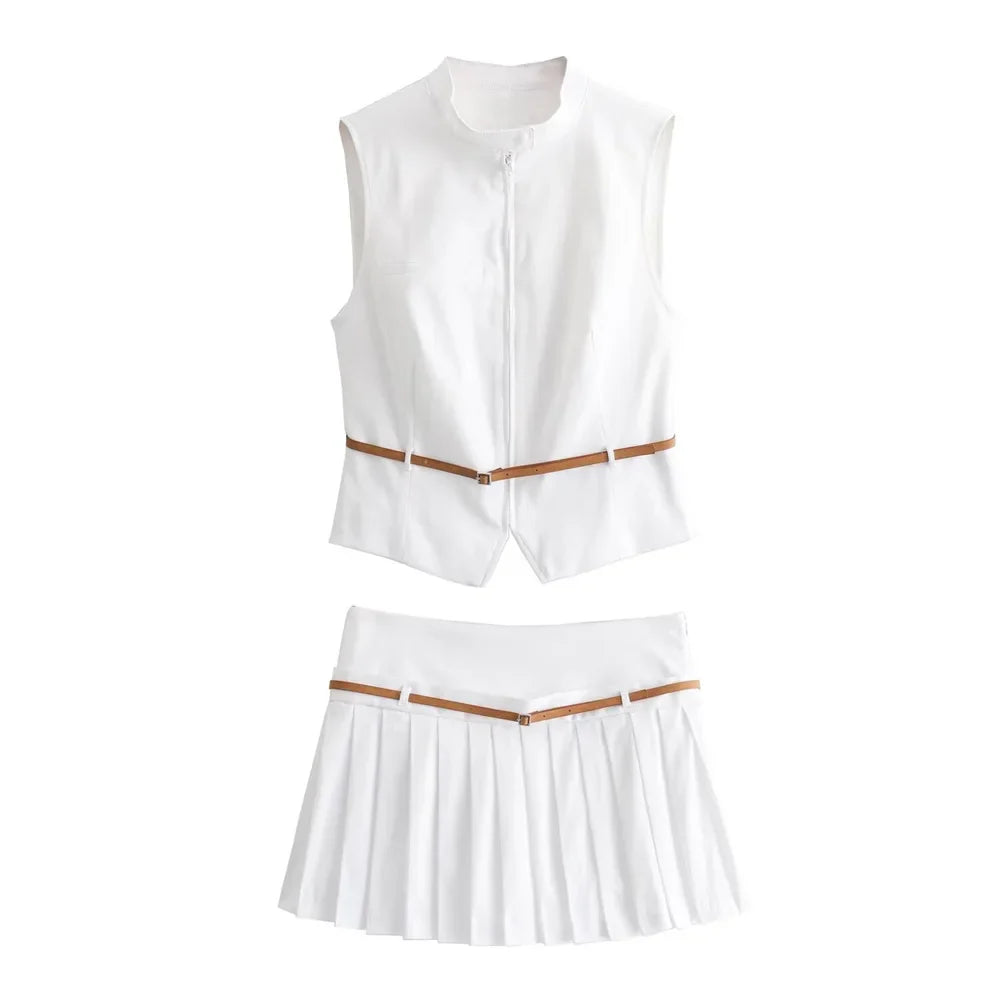 Summer Outfits- Summer Duo Belted Women's Sleeveless Zip-Up Top & Pleated Mini Skirt- - IndioGear.com