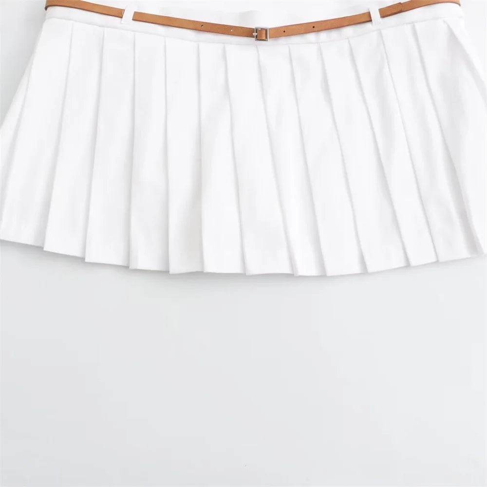 Summer Outfits- Summer Duo Belted Women's Sleeveless Zip-Up Top & Pleated Mini Skirt- - IndioGear.com