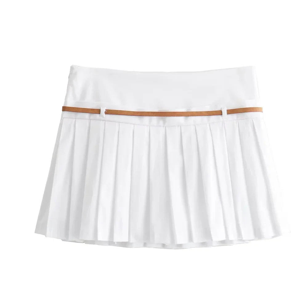 Summer Outfits- Summer Duo Belted Women's Sleeveless Zip-Up Top & Pleated Mini Skirt- - IndioGear.com