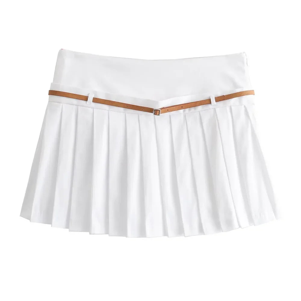 Summer Outfits- Summer Duo Belted Women's Sleeveless Zip-Up Top & Pleated Mini Skirt- Pleated Skirt- IndioGear.com