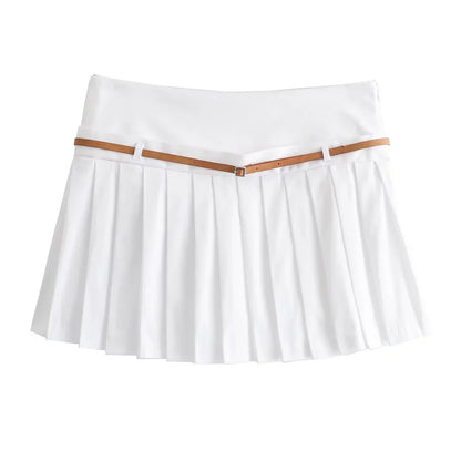 Summer Outfits- Summer Duo Belted Women's Sleeveless Zip-Up Top & Pleated Mini Skirt- Pleated Skirt- IndioGear.com