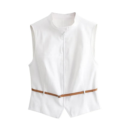 Summer Outfits- Summer Duo Belted Women's Sleeveless Zip-Up Top & Pleated Mini Skirt- Top- IndioGear.com