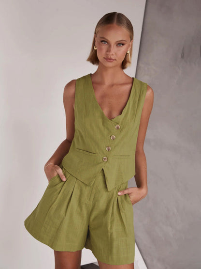 Summer Outfits- Summer Duo Casual Shorts & Asymmetric Button-Up Vest for Women- Green- IndioGear.com