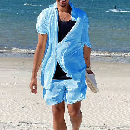 Summer Outfits- Textured Men's Shirt & Shorts Set for Summer Adventures- Sky blue azure- IndioGear.com