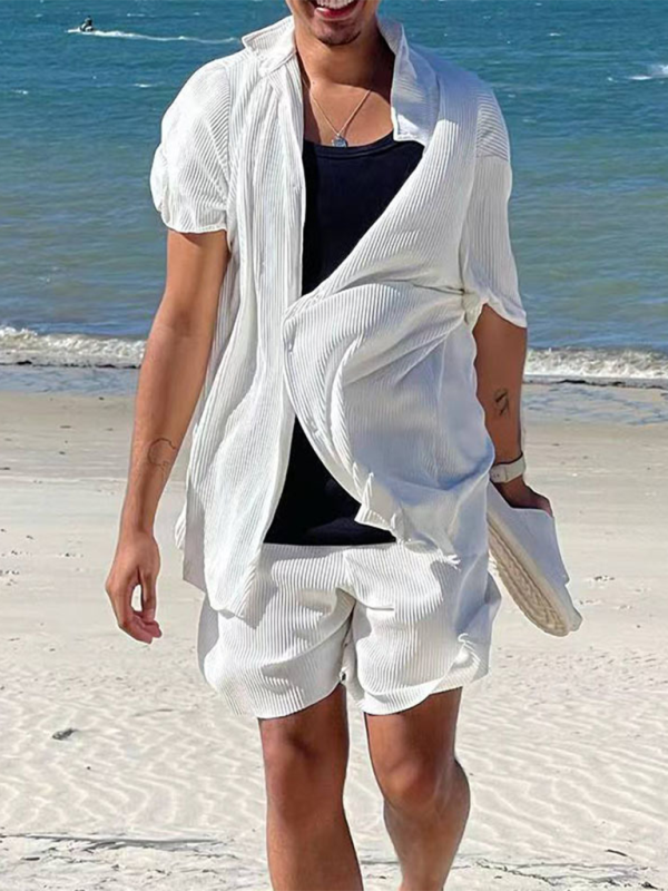 Summer Outfits- Textured Men's Shirt & Shorts Set for Summer Adventures- White- IndioGear.com