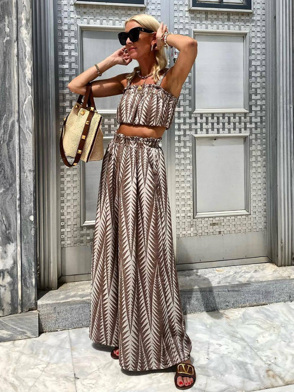 Summer Outfits- Vacation Summer Cami Top & Wide Leg Pants in Brown Print- Olive yellow- IndioGear Fashion and Gear