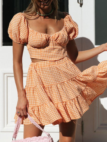 Summer Outfits- Vacay Gingham 2-Piece Outfit - Crop Blouse & Tiered Ruffle Skirt- - IndioGear Fashion and Gear