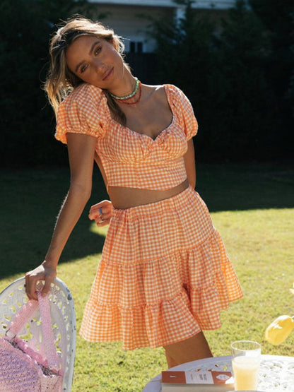 Summer Outfits- Vacay Gingham 2-Piece Outfit - Crop Blouse & Tiered Ruffle Skirt- - IndioGear Fashion and Gear