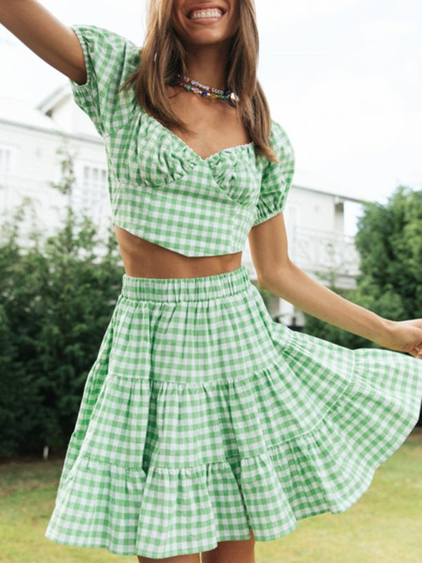 Summer Outfits- Vacay Gingham 2-Piece Outfit - Crop Blouse & Tiered Ruffle Skirt- - IndioGear Fashion and Gear