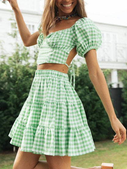 Summer Outfits- Vacay Gingham 2-Piece Outfit - Crop Blouse & Tiered Ruffle Skirt- - IndioGear Fashion and Gear