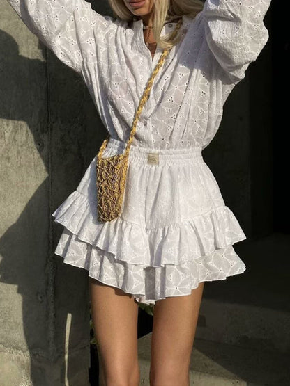 Eyelet Shorts & Lantern Sleeves Blouse for Women's Vacay Look