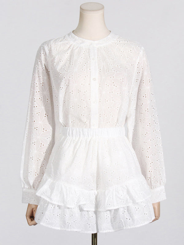 Eyelet Shorts & Lantern Sleeves Blouse for Women's Vacay Look