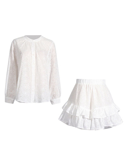 Eyelet Shorts & Lantern Sleeves Blouse for Women's Vacay Look