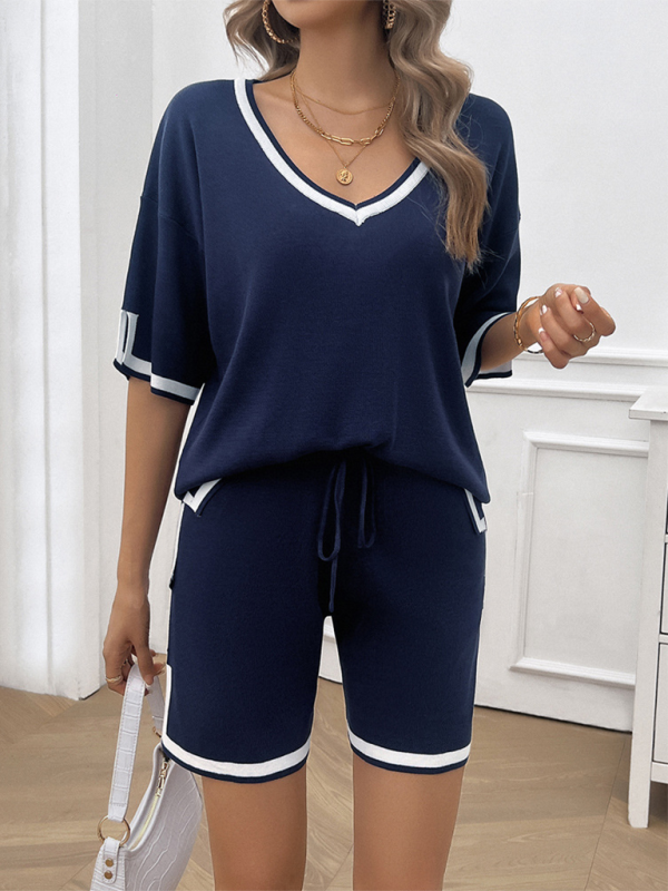 Summer Outfits- Women Relaxed Solid T-shirt and Shorts Set with Contrasting Trim- Champlain color- IndioGear.com