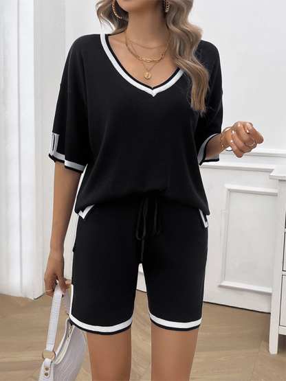 Summer Outfits- Women Relaxed Solid T-shirt and Shorts Set with Contrasting Trim- - IndioGear.com