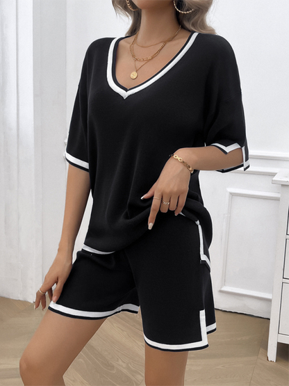 Summer Outfits- Women Relaxed Solid T-shirt and Shorts Set with Contrasting Trim- - IndioGear.com