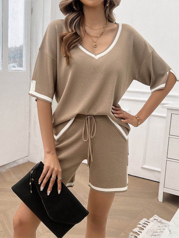 Summer Outfits- Women Relaxed Solid T-shirt and Shorts Set with Contrasting Trim- - IndioGear.com