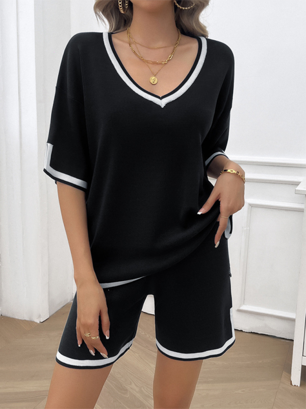 Summer Outfits- Women Relaxed Solid T-shirt and Shorts Set with Contrasting Trim- - IndioGear.com