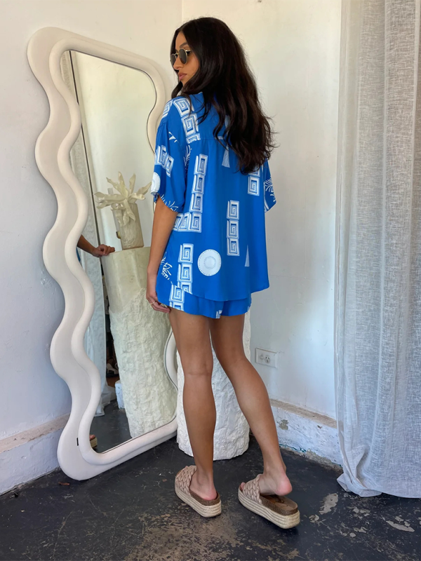 Sun Print Shorts & Relaxed Fit Shirt for Women's Vacay Look