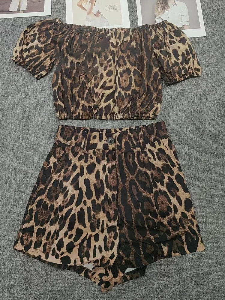 Summer Outfits- Women's Animal Print Summer Set with Crop Top & Shorts- Off Shoulder Set- IndioGear.com