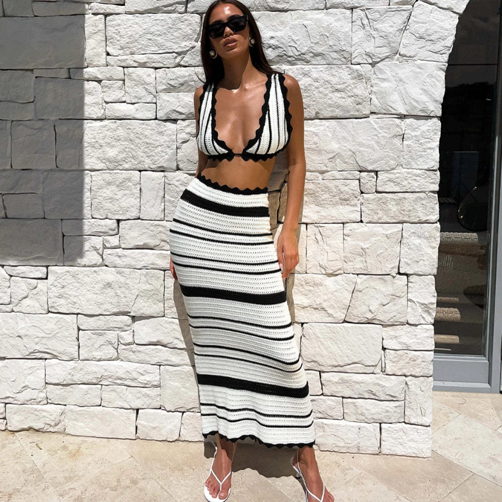 Summer Outfits- Women's Copacabana Triangle Bra Knit & Striped Maxi Skirt- White- IndioGear Fashion and Gear