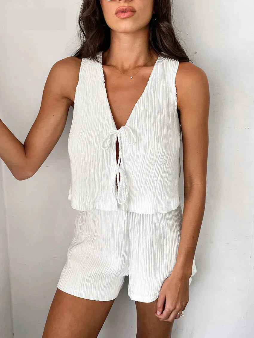 Summer Outfits- Women's Crisp White Textured Shorts & Tie-Up Vest Set- - IndioGear.com