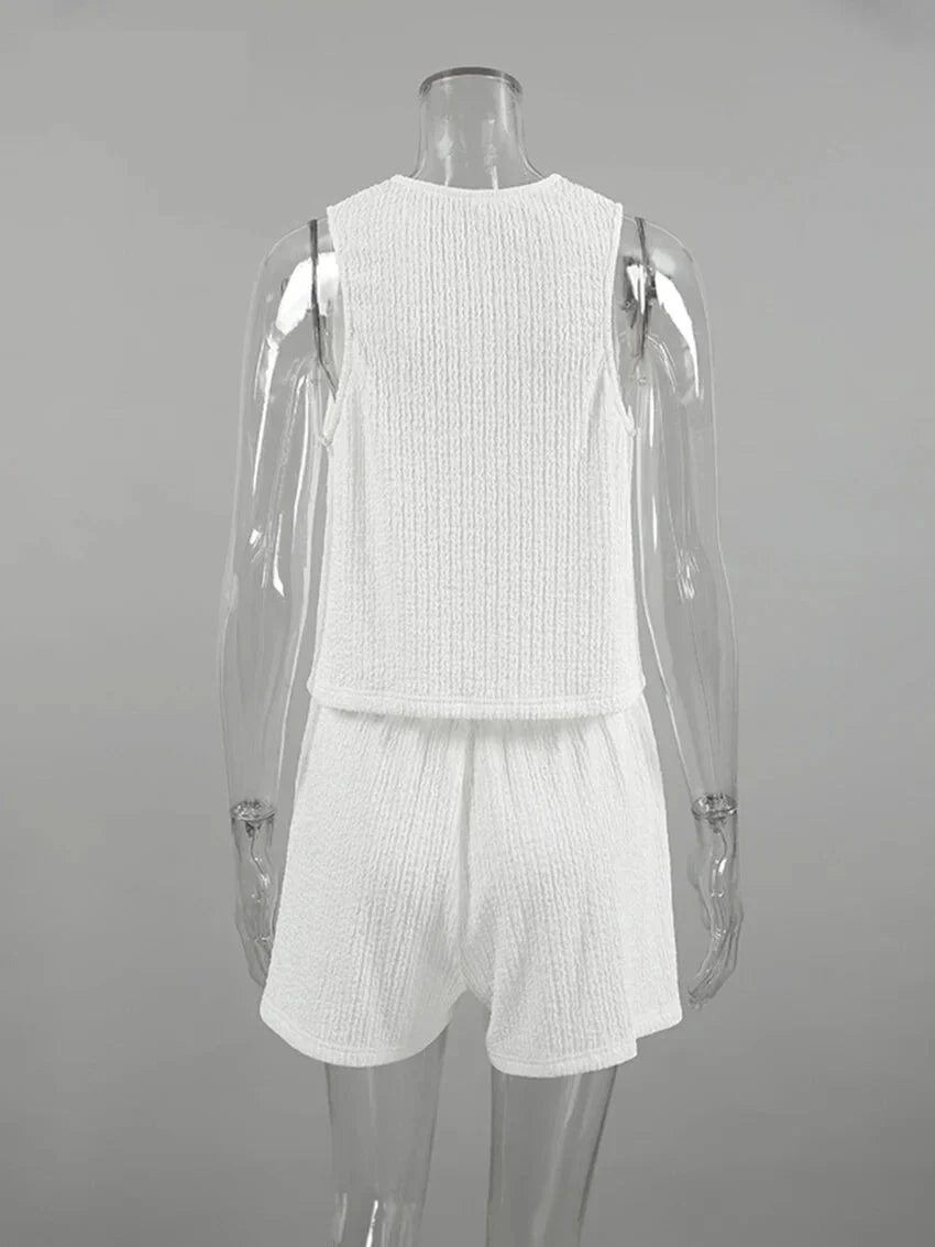 Summer Outfits- Women's Crisp White Textured Shorts & Tie-Up Vest Set- - IndioGear.com