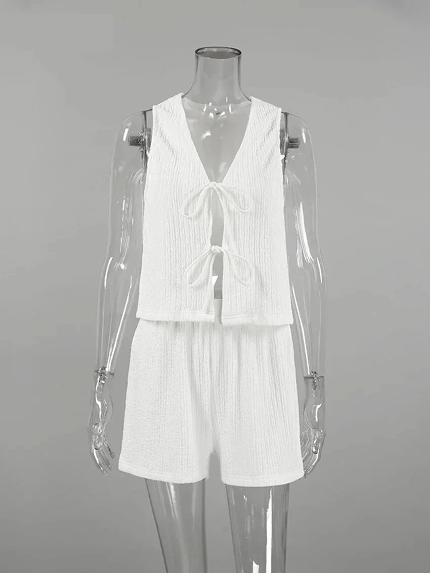 Summer Outfits- Women's Crisp White Textured Shorts & Tie-Up Vest Set- - IndioGear.com