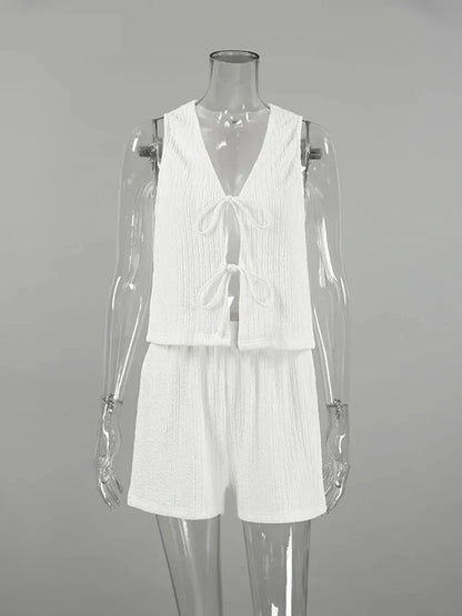 Summer Outfits- Women's Crisp White Textured Shorts & Tie-Up Vest Set- - IndioGear.com