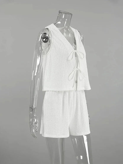 Summer Outfits- Women's Crisp White Textured Shorts & Tie-Up Vest Set- - IndioGear.com