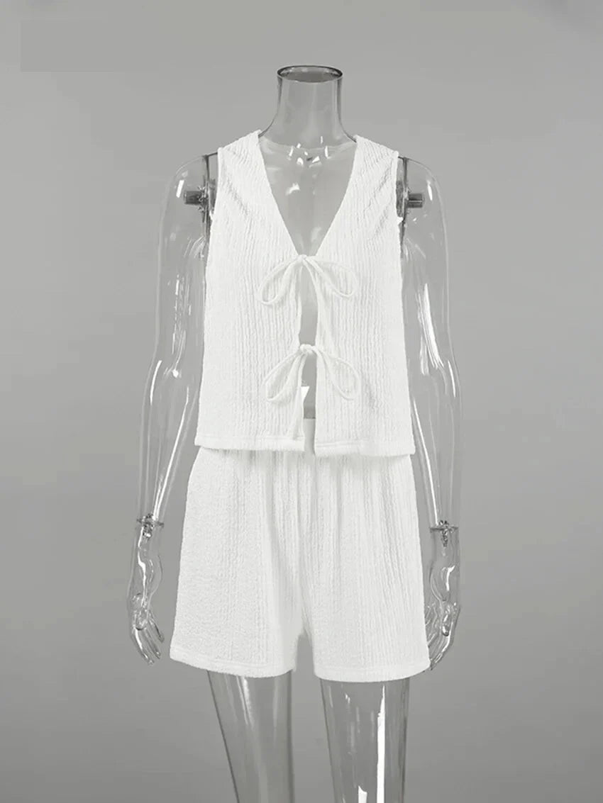 Summer Outfits- Women's Crisp White Textured Shorts & Tie-Up Vest Set- - IndioGear.com