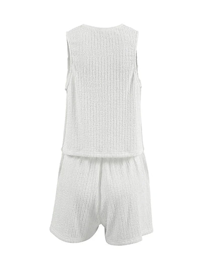 Summer Outfits- Women's Crisp White Textured Shorts & Tie-Up Vest Set- - IndioGear.com