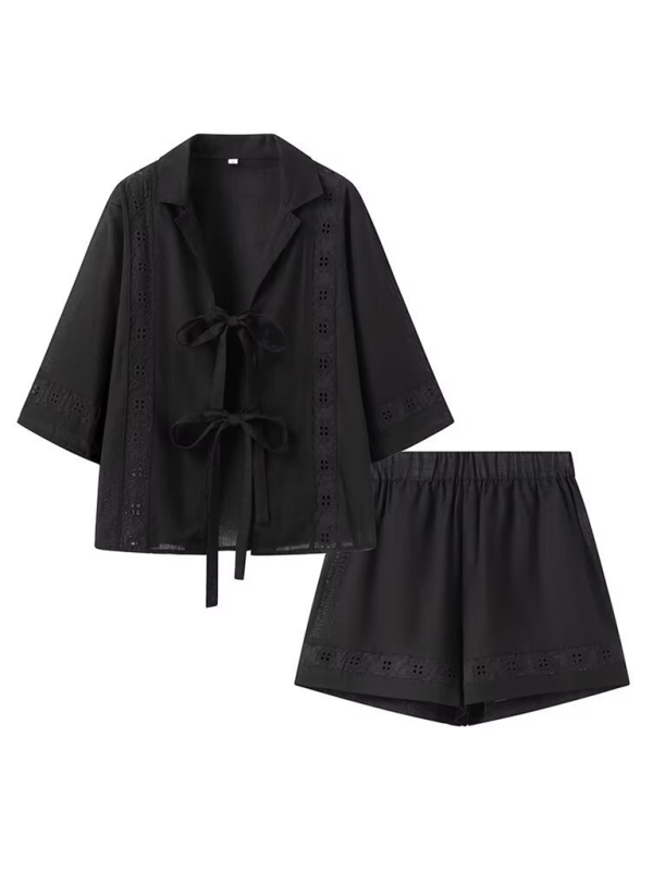 Summer Outfits- Women's Lace-Up Blouse Shirt and Shorts for Summer- Black- IndioGear.com