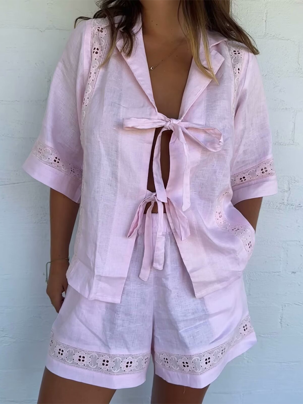 Summer Outfits- Women's Lace-Up Blouse Shirt and Shorts for Summer- Pink- IndioGear.com