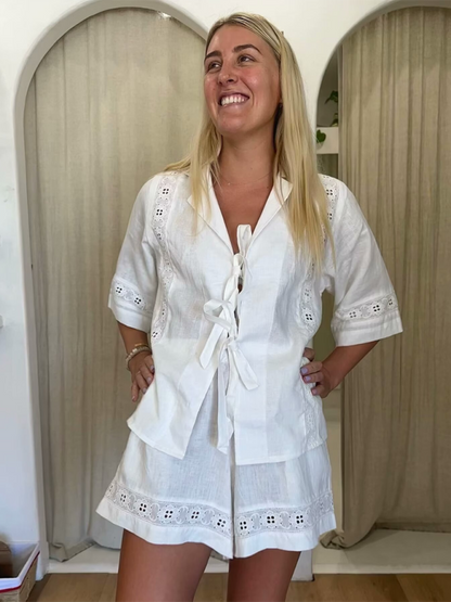 Summer Outfits- Women's Lace-Up Blouse Shirt and Shorts for Summer- White- IndioGear.com