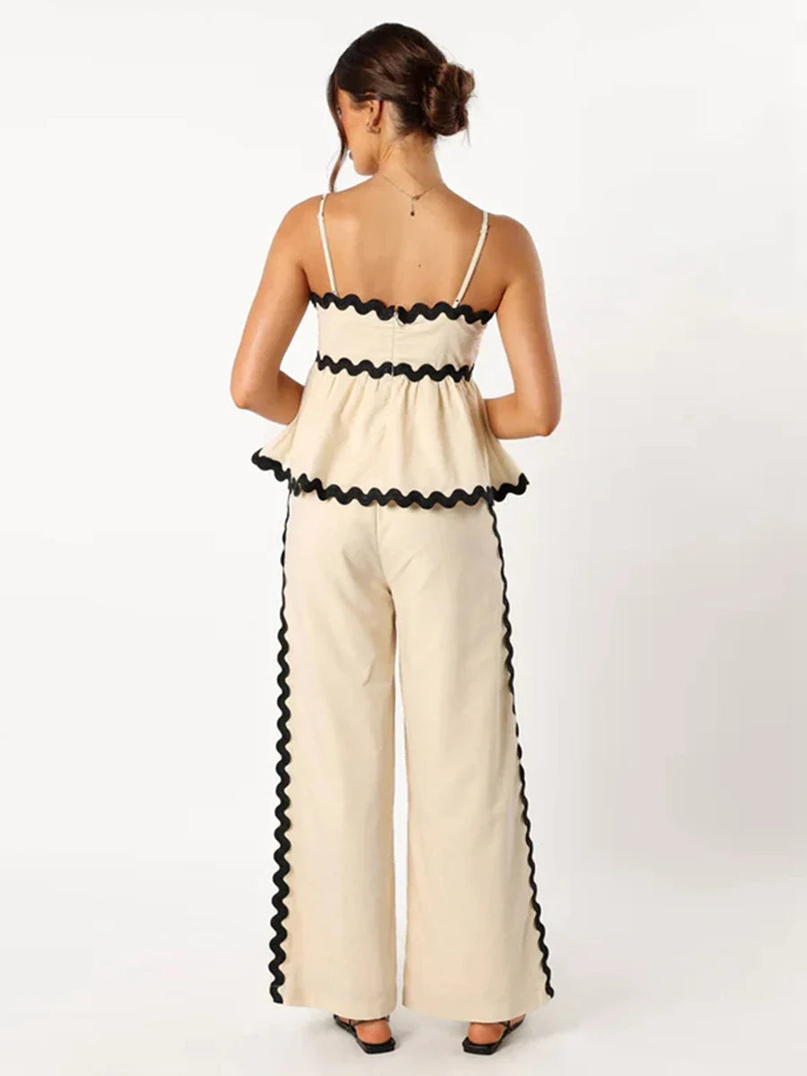 Summer Outfits- Women's Peplum Cami Top & Pants Set with Ric-Rac Contrast- - IndioGear.com