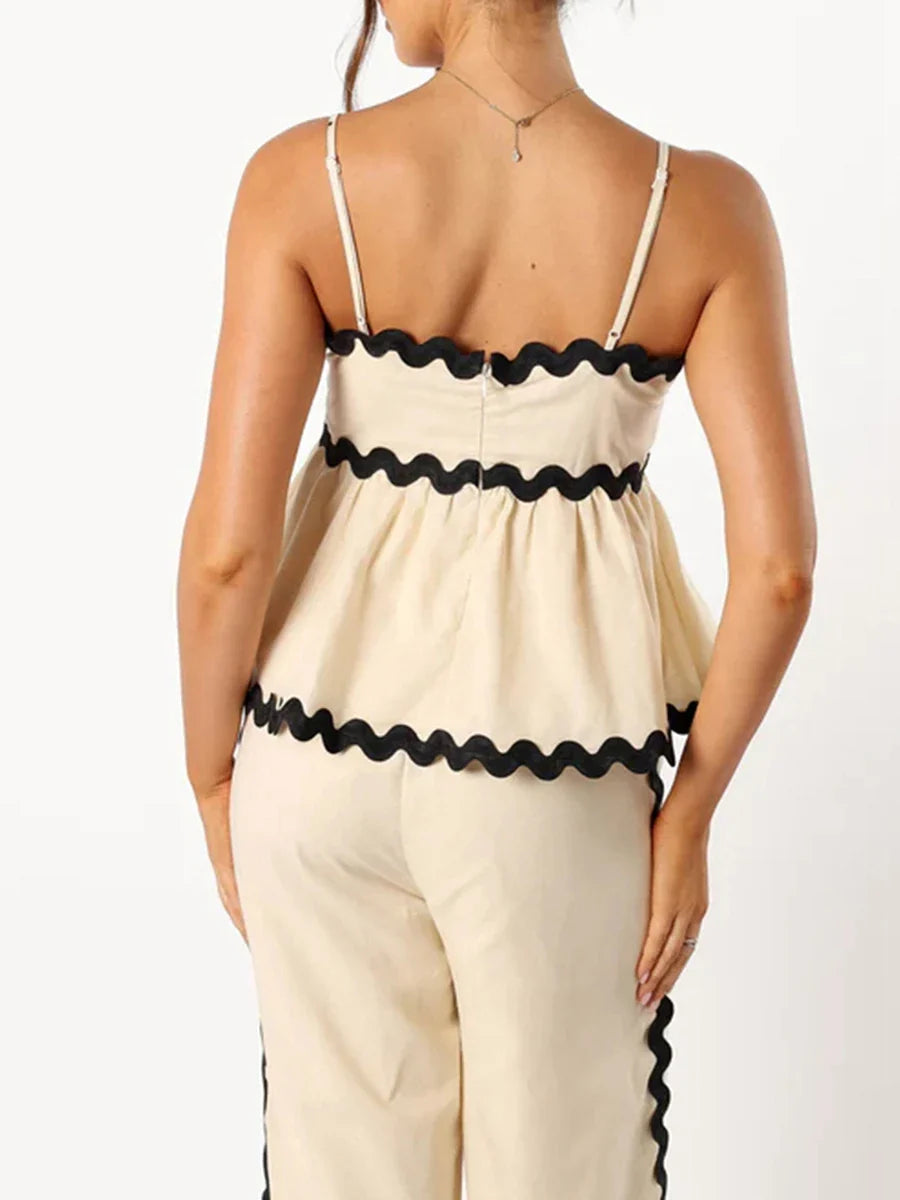 Summer Outfits- Women's Peplum Cami Top & Pants Set with Ric-Rac Contrast- - IndioGear.com