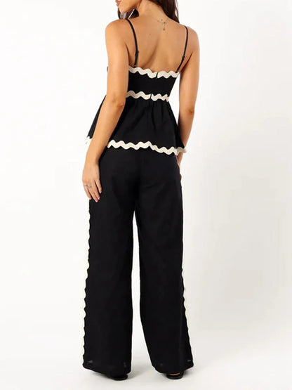 Summer Outfits- Women's Peplum Cami Top & Pants Set with Ric-Rac Contrast- - IndioGear.com